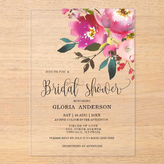 Fuchsia Floral Brautparty Acryleinladungen (Vorderseite)