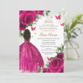 Fuchsia Floral Brown Prinzessin Quinceañera Sweet Einladung (Stehend Vorderseite)