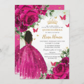 Fuchsia Floral Brown Prinzessin Quinceañera Sweet Einladung (Vorne/Hinten)