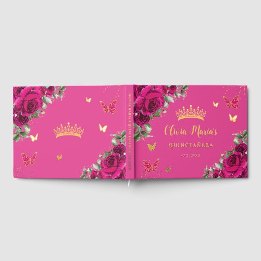 Fuchsia Floral Gold Quinceanera Sweet 16 Birthday Gästebuch (Voll)