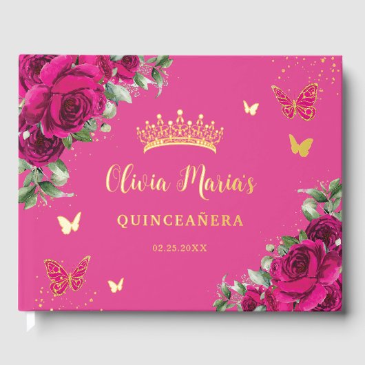 Fuchsia Floral Gold Quinceanera Sweet 16 Birthday Gästebuch (Vorderseite)