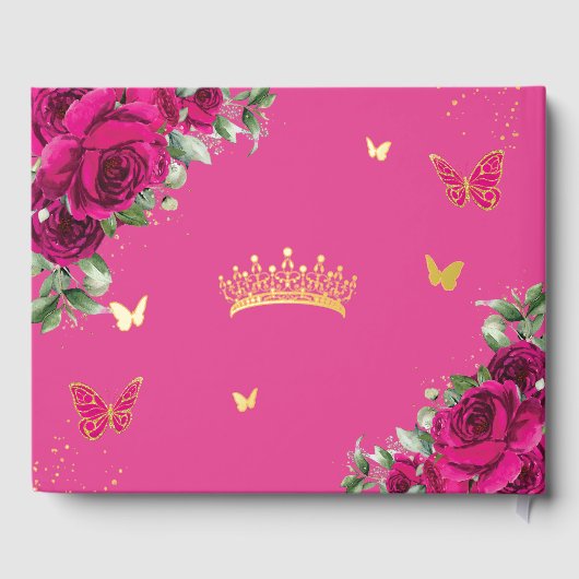 Fuchsia Floral Gold Quinceanera Sweet 16 Birthday Gästebuch (Rückseite)
