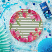 Fuchsia Floral Green Stripes Graduation Party Pappteller (Party)