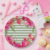 Fuchsia Floral Green Stripes Graduation Party Pappteller (Party)