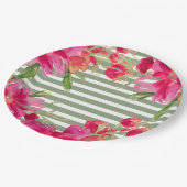 Fuchsia Floral Green Stripes Graduation Party Pappteller (Schrägansicht)