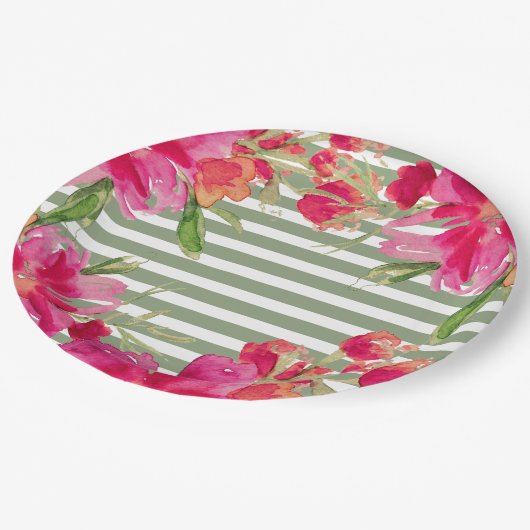 Fuchsia Floral Green Stripes Graduation Party Pappteller (Schrägansicht)