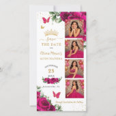 Fuchsia Floral Photo Booth Quinceanera QR code Save The Date (Vorderseite)