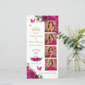 Fuchsia Floral Photo Booth Quinceanera QR code Save The Date (Stehend Vorderseite)