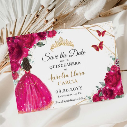 Fuchsia Floral Princess Quinceañera Save the Date