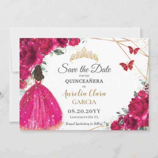 Fuchsia Floral Princess Quinceañera Save the Date (Vorderseite)