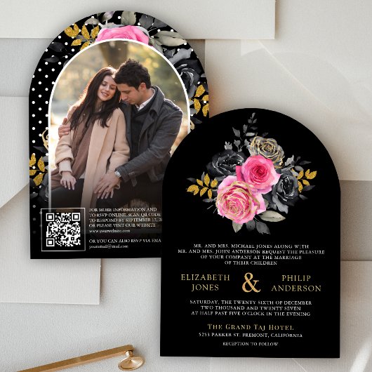 Fuchsia Floral Rose QR Code Foto Black Wedding Einladung