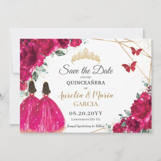 Fuchsia Floral Twins XV Quinceañera Save the Date (Vorderseite)