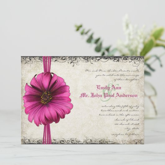 Fuchsia Gerber Daisy Wedding Invite Einladung (Stehend Vorderseite)