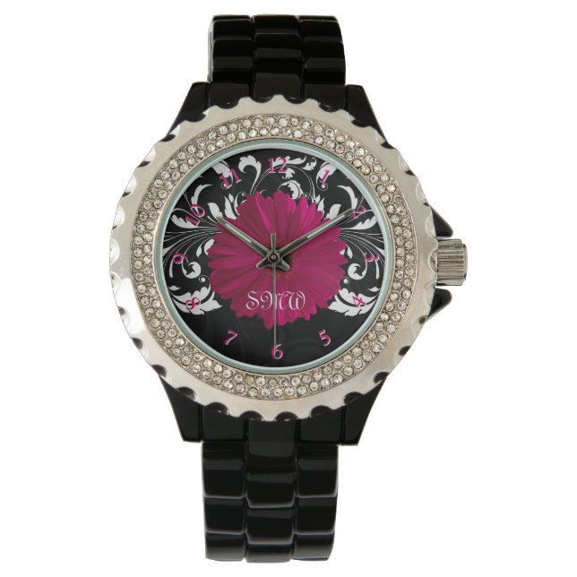 Fuchsia Gerbera Daisy mit schwarzem und weißem Swi Armbanduhr (Vorderseite)
