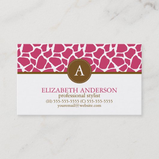 Fuchsia Giraffe Muster Monogram Visitenkarte (Vorderseite)
