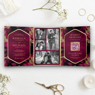 Fuchsia Gold Abstrakte Flüssige Tinte QR-Code Hoch Dreifach Gefaltete Einladung