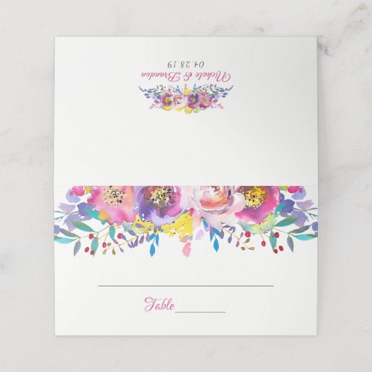 Fuchsia Gold Blossom Blume Hochzeit Platzkarte (Außenseite Aufgefaltet)