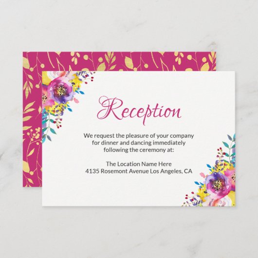 Fuchsia Gold Blossom Floral Wedding Card Begleitkarte (Vorne/Hinten)