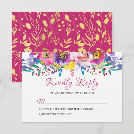 Fuchsia Gold Blossom Floral Wedding RSVP Karte (Vorne/Hinten)