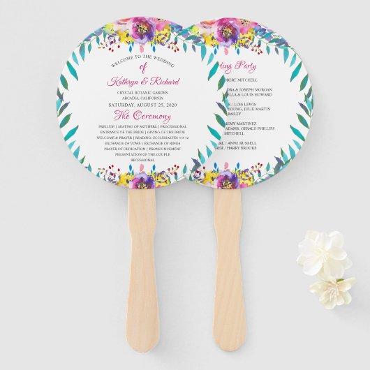 Fuchsia Gold Floral Chic Hochzeitsprogramm Hand Fa Fächer (Vorne und Hinten)