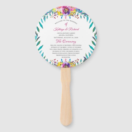 Fuchsia Gold Floral Chic Hochzeitsprogramm Hand Fa Fächer (Vorderseite)