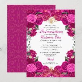 Fuchsia & Gold Floral Quinceanera Geburtstag Einladung