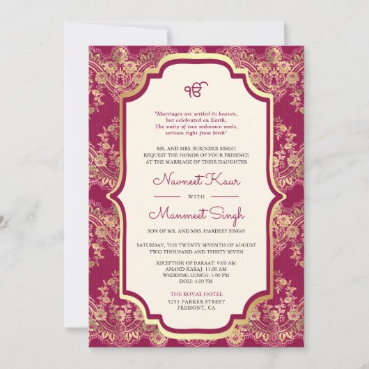 Fuchsia Gold Lace QR Code Anand Karaj Sikh Wedding Einladung (Vorderseite)