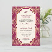 Fuchsia Gold Lace QR Code Anand Karaj Sikh Wedding Einladung (Stehend Vorderseite)