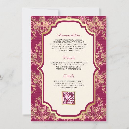 Fuchsia Gold Lace QR Code Anand Karaj Sikh Wedding Einladung (Rückseite)