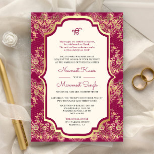 Fuchsia Gold Lace QR Code Anand Karaj Sikh Wedding Einladung