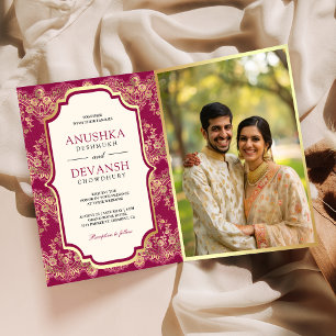 Fuchsia Gold-Spitze QR-Code Foto Indische Hochzeit Einladung