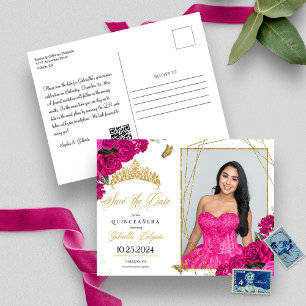 Fuchsia & Gold Tiara Quinceañera Foto-Postkarte Postkarte