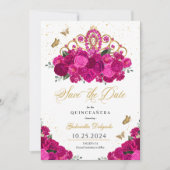 Fuchsia & Gold Tiara Save the Date Quinceañera Einladung (Vorderseite)