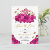 Fuchsia & Gold Tiara Save the Date Quinceañera Einladung (Stehend Vorderseite)