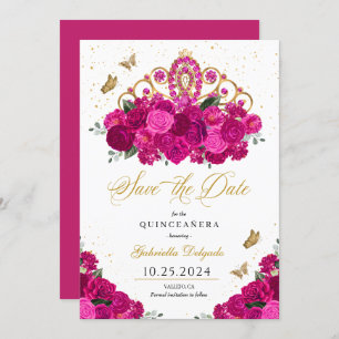 Fuchsia & Gold Tiara Save the Date Quinceañera Einladung