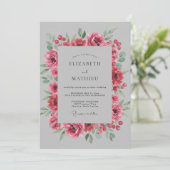 Fuchsia Graue Blütenhochzeit Einladung (Stehend Vorderseite)