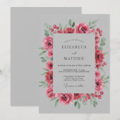 Fuchsia Graue Blütenhochzeit Einladung (Vorne/Hinten)