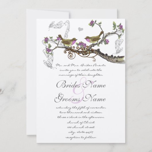 Fuchsia & Graue Vintage Vögel Hochzeitsreise Einladung (Vorderseite)