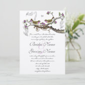 Fuchsia & Graue Vintage Vögel Hochzeitsreise Einladung (Stehend Vorderseite)