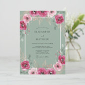 Fuchsia Graue Wildblumen-Hochzeit Einladung (Stehend Vorderseite)