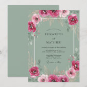Fuchsia Graue Wildblumen-Hochzeit Einladung (Vorne/Hinten)