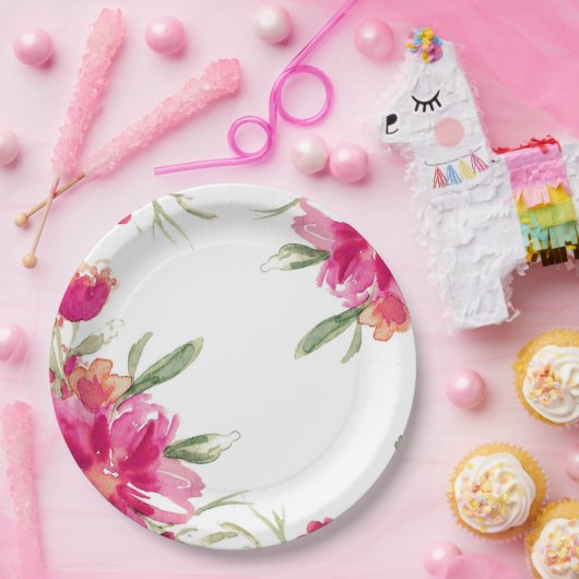 Fuchsia Green Floral Graduation Party Pappteller (Party)