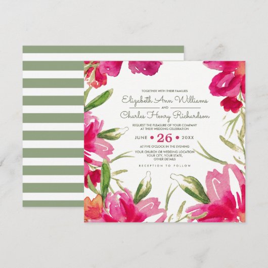 Fuchsia Green Floral Watercolor Wedding Einladung (Vorne/Hinten)