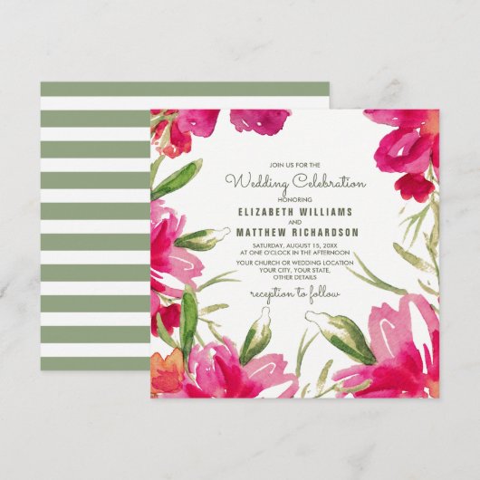 Fuchsia Green Floral Watercolor Wedding Einladung (Vorne/Hinten)