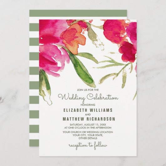 Fuchsia Green Floral Watercolor Wedding Einladung (Vorne/Hinten)