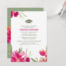 Fuchsia Green Watercolor Floral Graduation Party Einladung