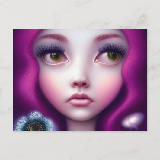Fuchsia Hair Green Eyes Girl Postkarte (Vorderseite)