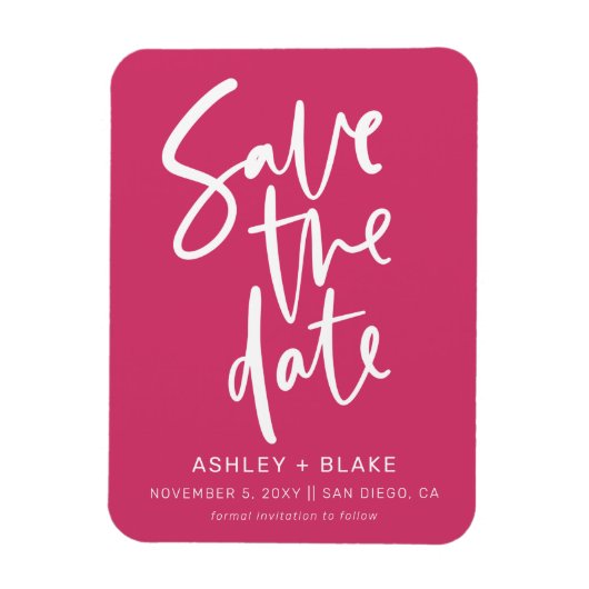 Fuchsia Handgeschriebene Moderne Save the Date Magnet (Vertikal)