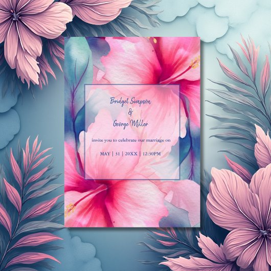 fuchsia hawaiian tropical floral hibiscus wedding einladung