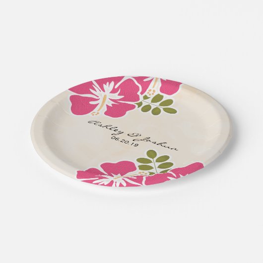 Fuchsia Hibiskus Hawaiian Wedding Pappteller (Schrägansicht)